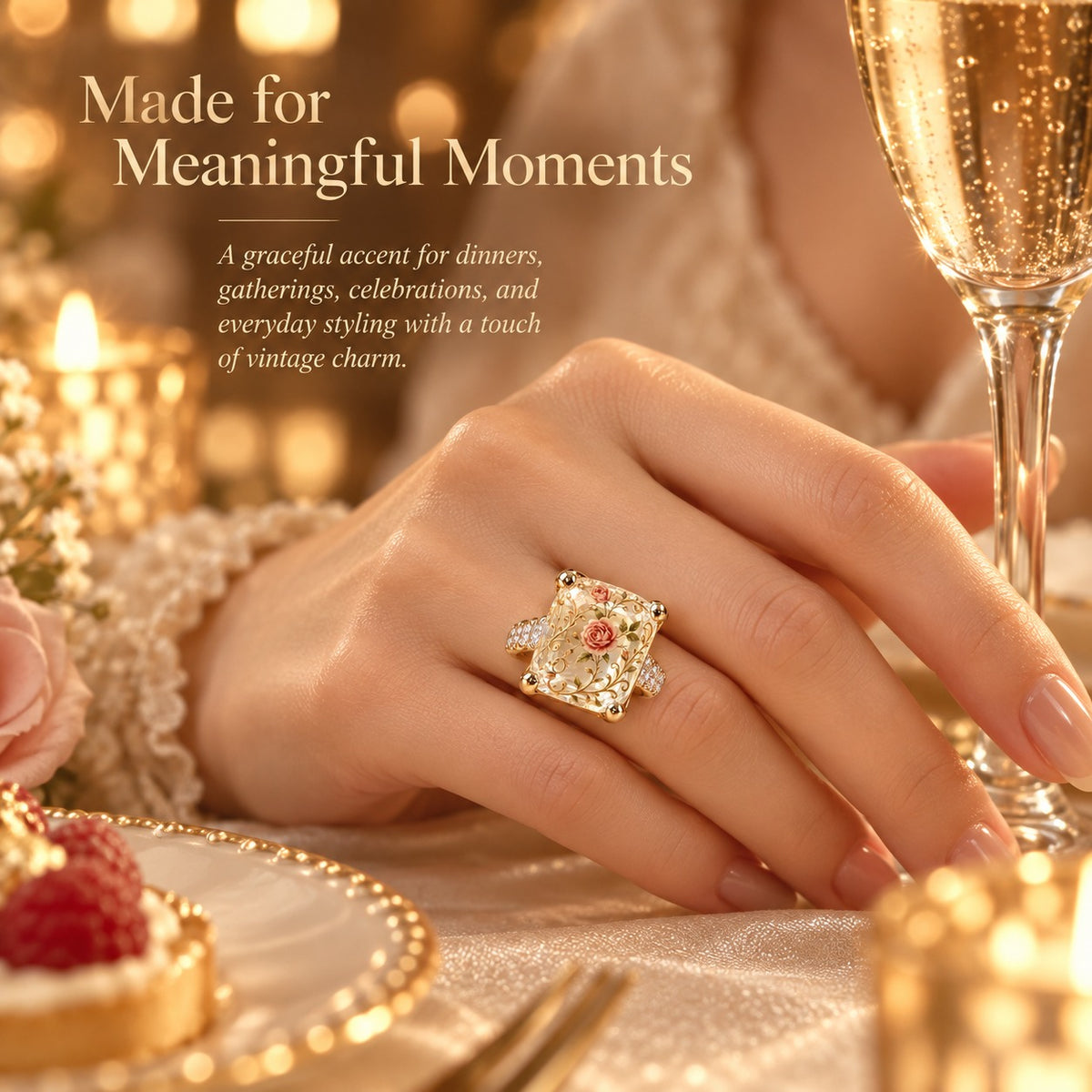 ๐ Old-World Floral Ring โ Square Crystal Statement Jewelry for Women