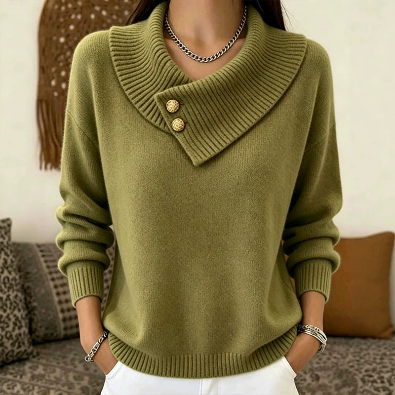 ✨ Women's Knit Sweater with Asymmetric Lapel & Statement Buttons 🍃