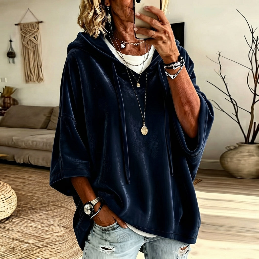 ๐ Women's Minimalist Velour Hoodie โ Loose Fit, 3/4 Sleeves, Soft Velvet Pullover for Fall & Winter