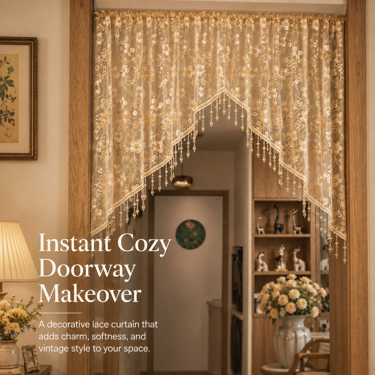 Embroidered Lace Doorway Curtain – Romantic Floral Beaded Sheer Panels