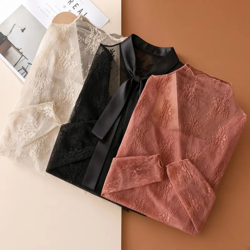 ✨ Elegant Lace Mesh Long-Sleeve Top – Women's Stretchy Breathable Innerwear, Lightweight & Soft for Spring-Autumn-Winter Layering