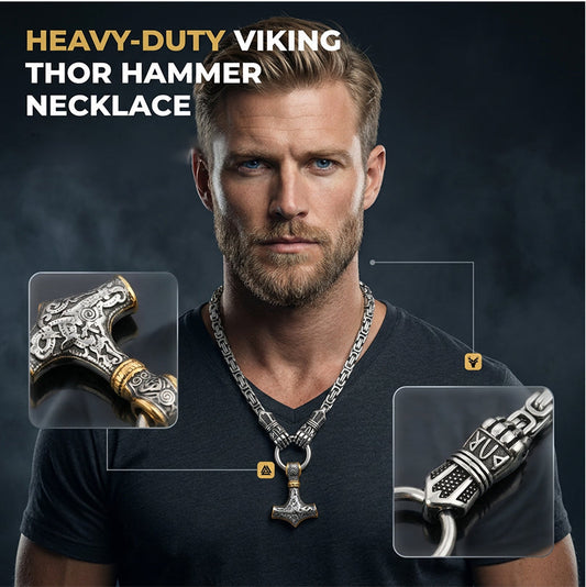 Viking Thor Hammer Pendant Necklace Stainless Steel Byzantine Chain