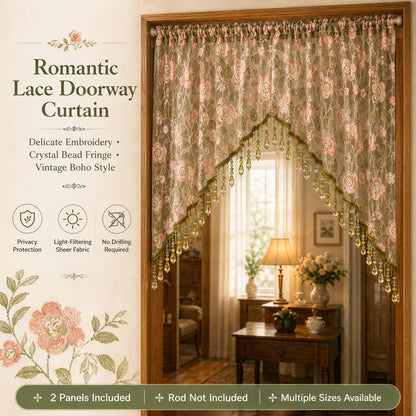 Embroidered Lace Doorway Curtain – Romantic Floral Beaded Sheer Panels