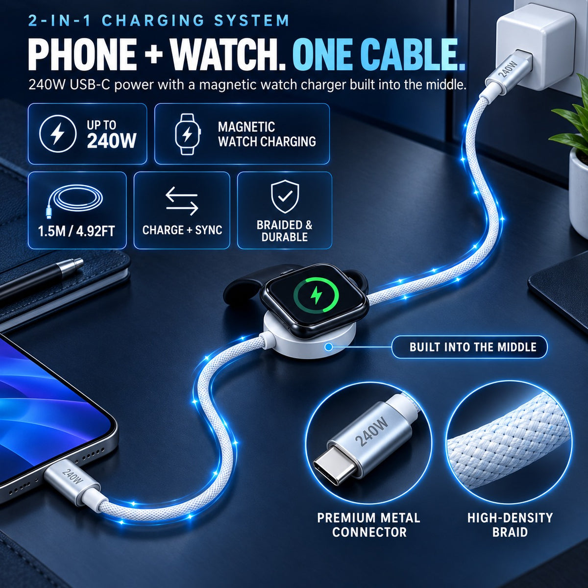 ⚡ 2-in-1 240W USB-C Fast Charging Cable with Magnetic Watch Charger – 1.5M