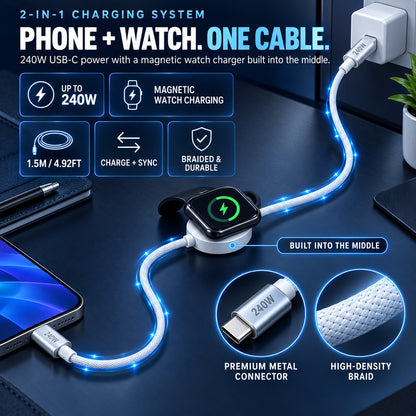 ⚡ 2-in-1 240W USB-C Fast Charging Cable with Magnetic Watch Charger – 1.5M