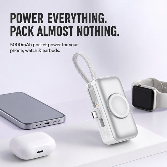 🔥 New 2026🔋 3-in-1 Mini Power Bank – Phone Charger, Watch Charger & Foldable Stand