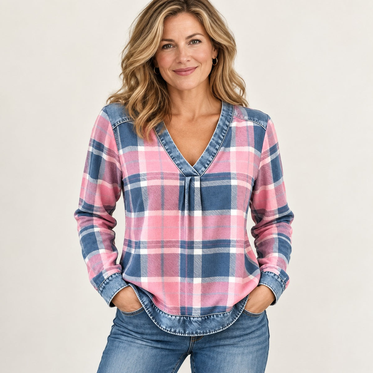 Color Block Plaid Blouse – Denim-Look Patchwork V-Neck, Long Sleeve, Relaxed Fit Women’s Shirt