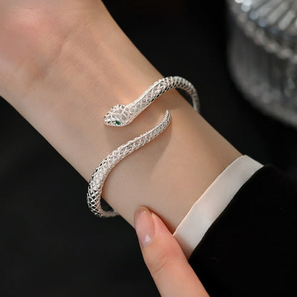 🎉 LIMITED TIME 50% OFF! 🐍 Vintage Snake Bangle Bracelet – Adjustable Open Cuff with Textured Scale Details & Green Eye Accents ✨