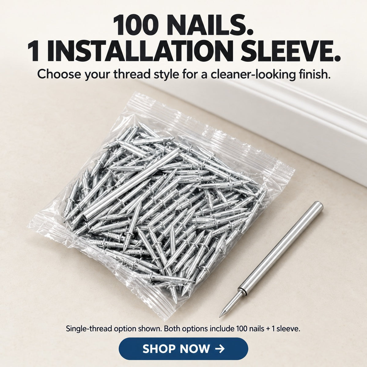 100-Pack Hidden Baseboard Fixing Nails + Installation Sleeve