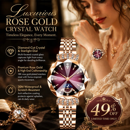 👑 Luxurious Rose Gold Crystal Quartz Watch – Diamond Cut Vintage Wristwatch ✨