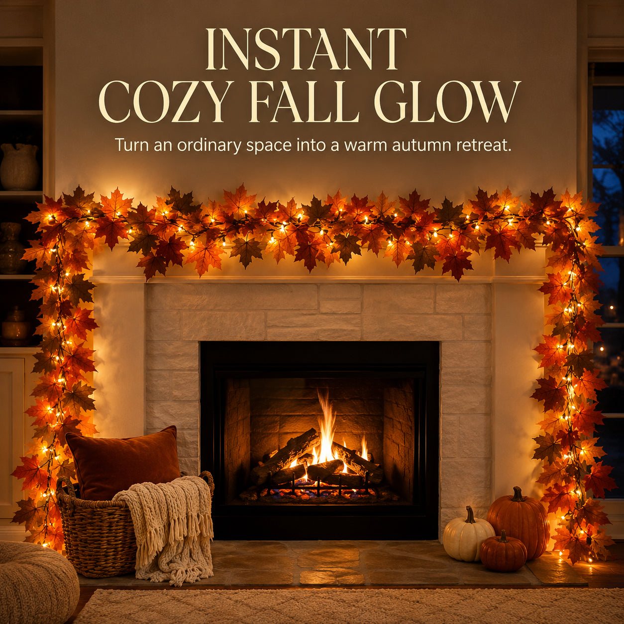 🍂 Lighted Autumn Maple Leaf Garland – Warm LED Fall Mantel, Window & Doorway Decor