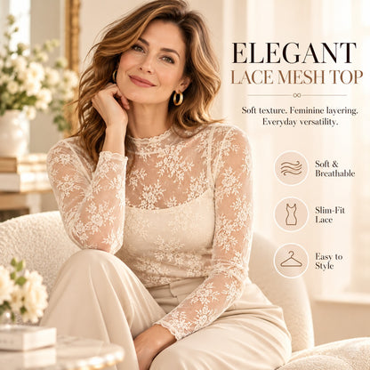 ✨ Elegant Lace Mesh Long-Sleeve Top – Women's Stretchy Breathable Innerwear, Lightweight & Soft for Spring-Autumn-Winter Layering