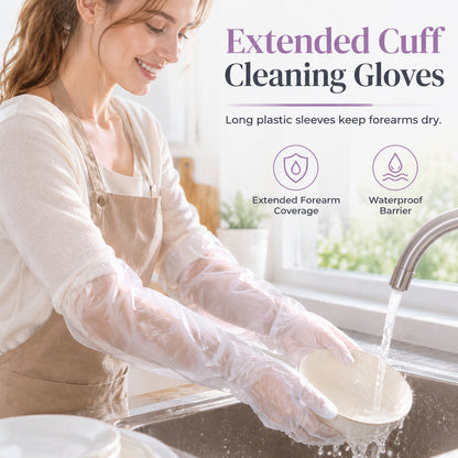 ⏳ 50% OFF! ✨ Disposable Long-Cuff Cleaning Gloves – Extended Sleeve Coverage for Splash-Prone Chores, Lightweight Film Construction, Gathered Cuff Fit & Lower-Forearm Protection – 20/50/100 Pack 🧤
