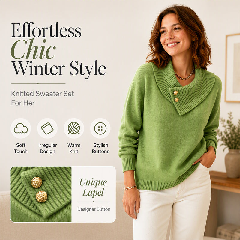 ✨ Women's Knit Sweater with Asymmetric Lapel & Statement Buttons 🍃
