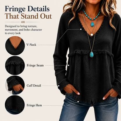 🌾Boho Fringe V-Neck Top – Flowy, Loose & Tassel Hem