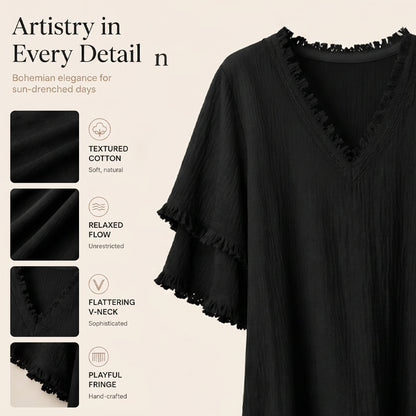 Women's V-Neck Tassel Loose-Fit Midi Dress