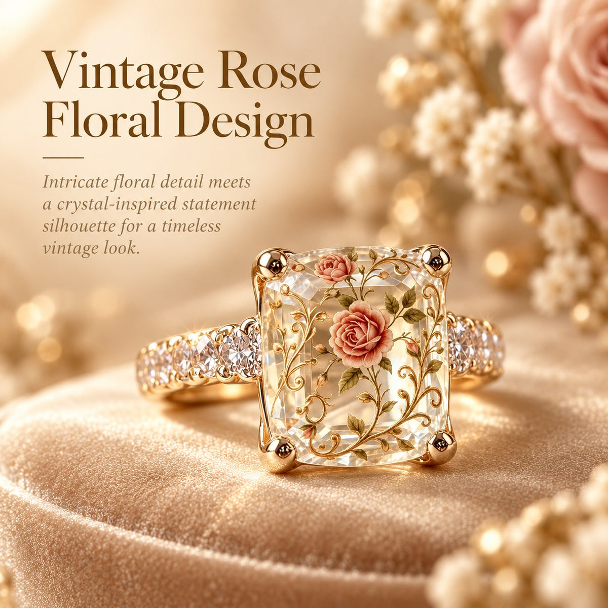 💍 Old-World Floral Ring – Square Crystal Statement Jewelry for Women