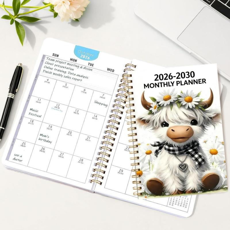 2026-2030 Calendar - From January 2026 to December 2030, 5-year calendar, cartoon Highland cow themed cover design, annual calendar planning, month labels, 60-month calendar