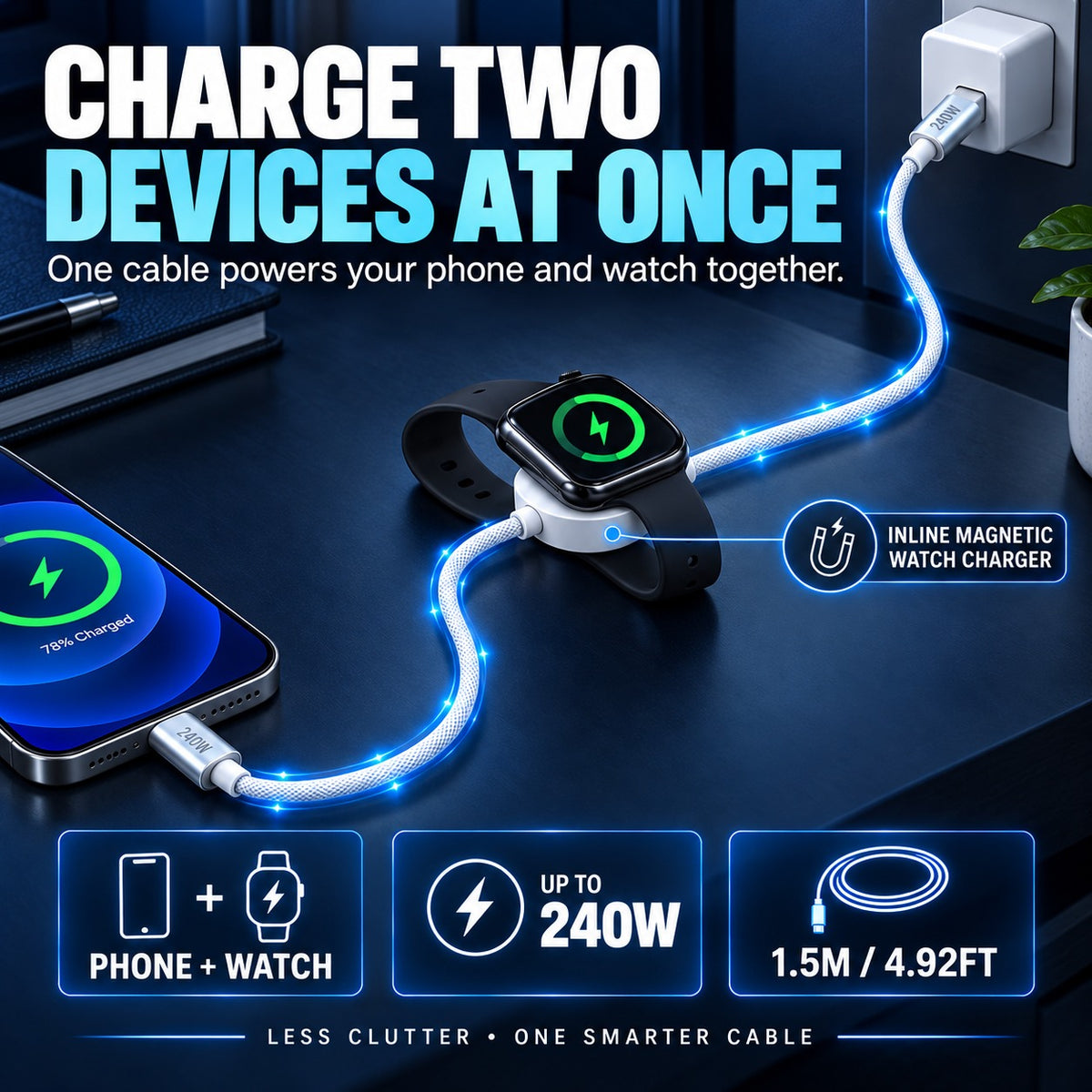 ⚡ 2-in-1 240W USB-C Fast Charging Cable with Magnetic Watch Charger – 1.5M