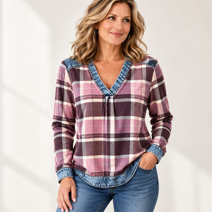 Color Block Plaid Blouse – Denim-Look Patchwork V-Neck, Long Sleeve, Relaxed Fit Women’s Shirt