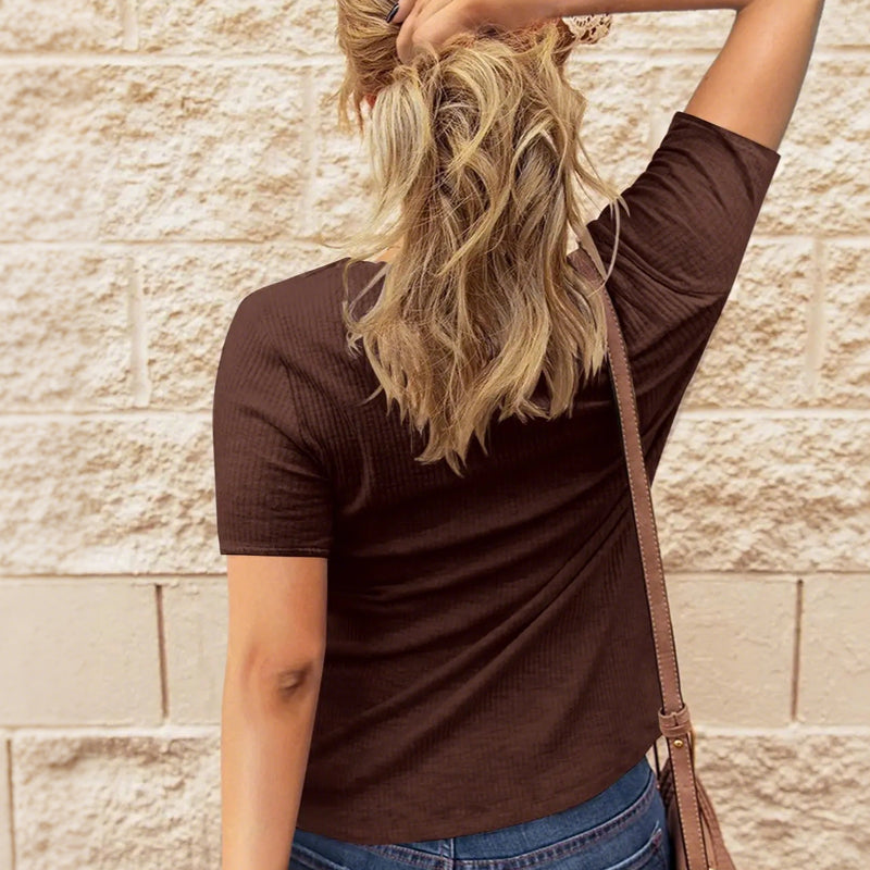 Women's Short Sleeve Henley Ribbed Knit Top