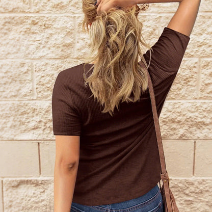 Women's Short Sleeve Henley Ribbed Knit Top