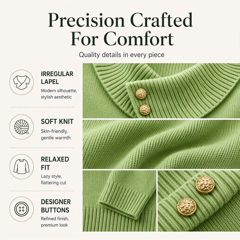 ✨ Women's Knit Sweater with Asymmetric Lapel & Statement Buttons 🍃