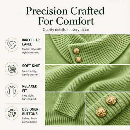 ✨ Women's Knit Sweater with Asymmetric Lapel & Statement Buttons 🍃