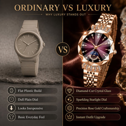👑 Luxurious Rose Gold Crystal Quartz Watch – Diamond Cut Vintage Wristwatch ✨