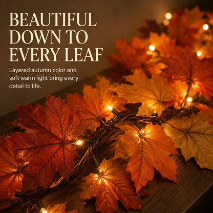 🍂 Lighted Autumn Maple Leaf Garland – Warm LED Fall Mantel, Window & Doorway Decor