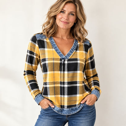 Color Block Plaid Blouse – Denim-Look Patchwork V-Neck, Long Sleeve, Relaxed Fit Women’s Shirt