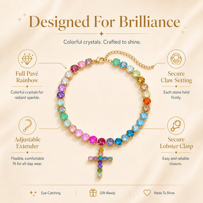 Colorful Zircon Layered Cross Necklace – Trendy Tassel Pendant Jewelry for Women
