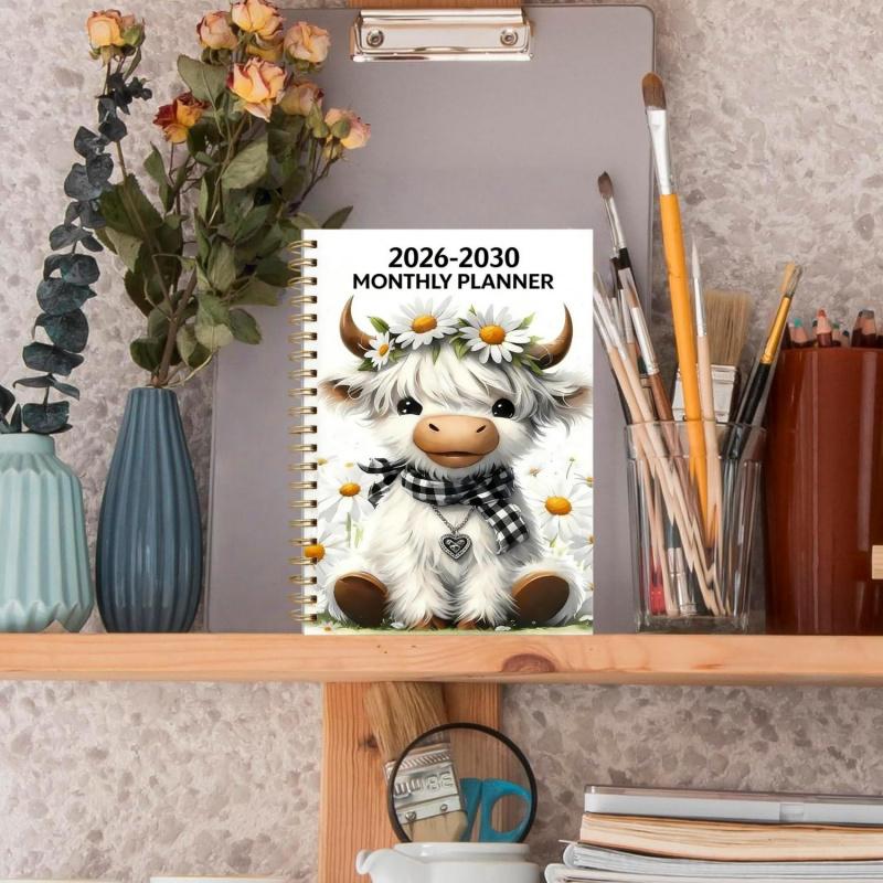 2026-2030 Calendar - From January 2026 to December 2030, 5-year calendar, cartoon Highland cow themed cover design, annual calendar planning, month labels, 60-month calendar