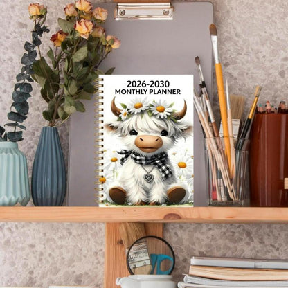 2026-2030 Calendar - From January 2026 to December 2030, 5-year calendar, cartoon Highland cow themed cover design, annual calendar planning, month labels, 60-month calendar