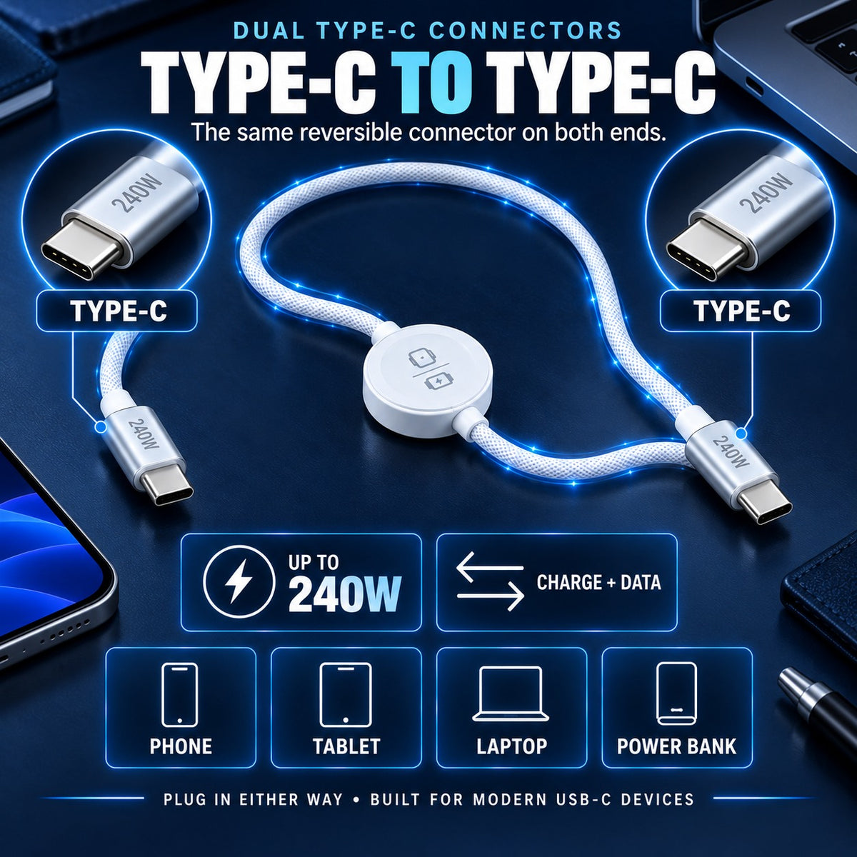 ⚡ 2-in-1 240W USB-C Fast Charging Cable with Magnetic Watch Charger – 1.5M