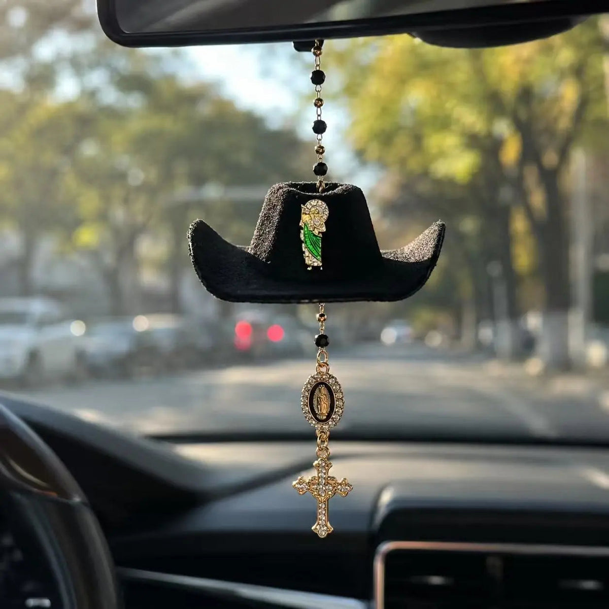 ✝️St. Jude Car Blessing Charm. Handmade Protection Gift Decoration-Black Sombrero Car Ornament Car Trinkets