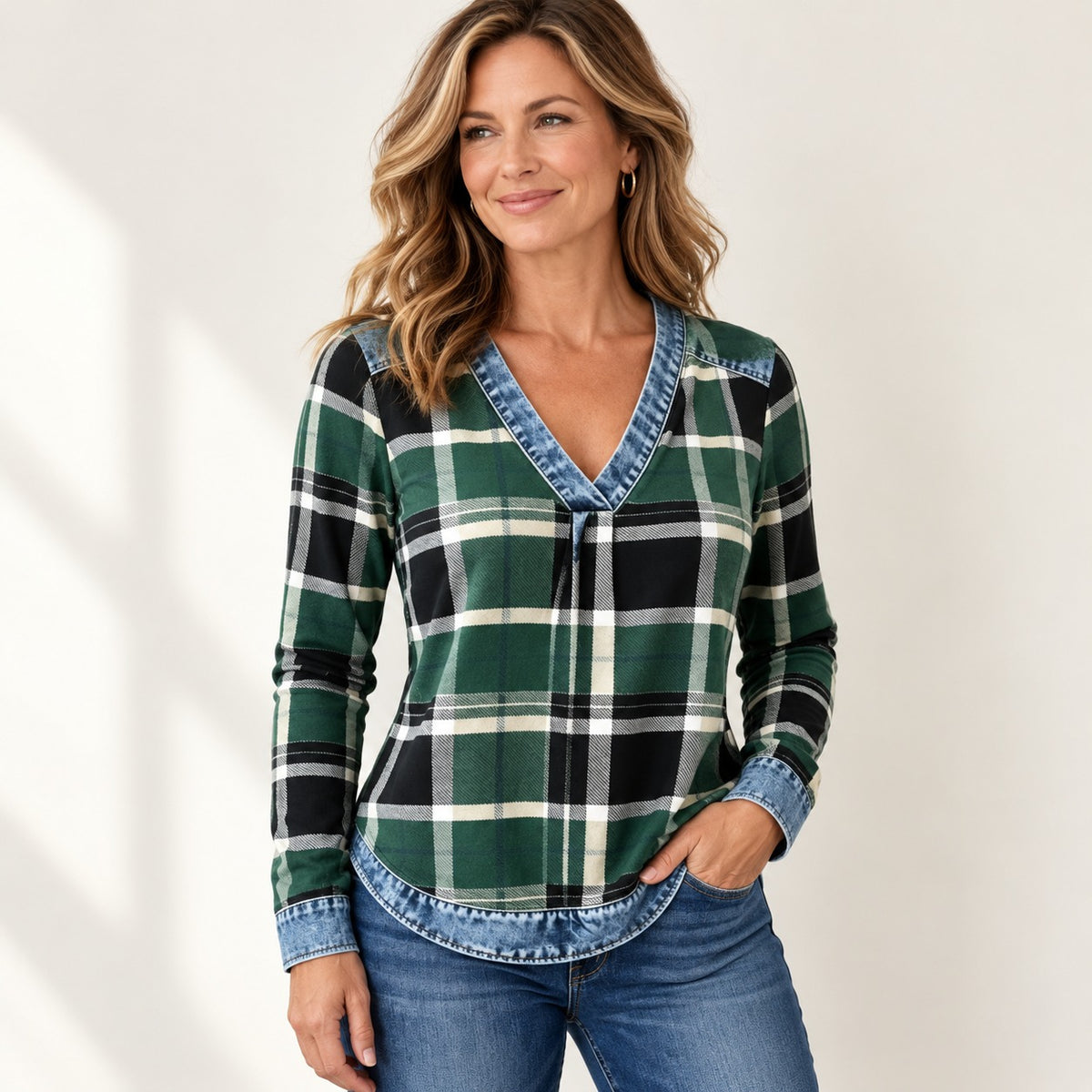 Color Block Plaid Blouse – Denim-Look Patchwork V-Neck, Long Sleeve, Relaxed Fit Women’s Shirt
