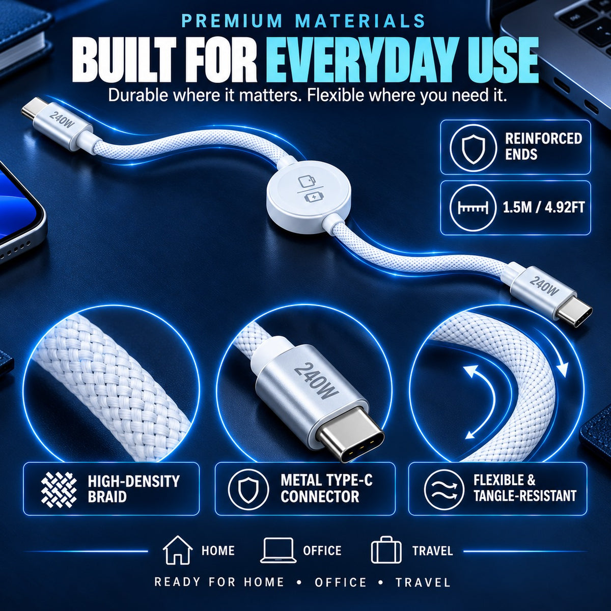 ⚡ 2-in-1 240W USB-C Fast Charging Cable with Magnetic Watch Charger – 1.5M