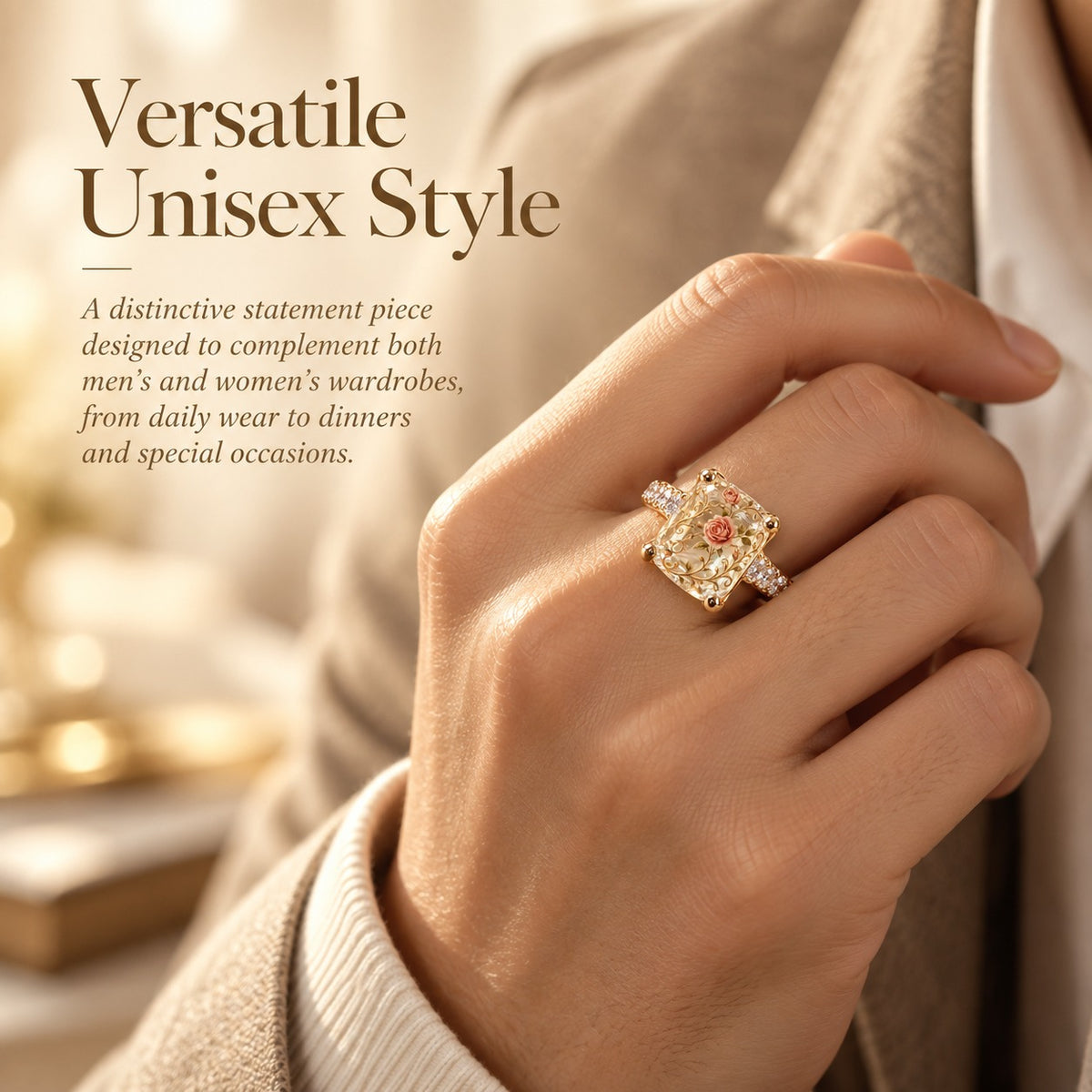 💍 Old-World Floral Ring – Square Crystal Statement Jewelry for Women
