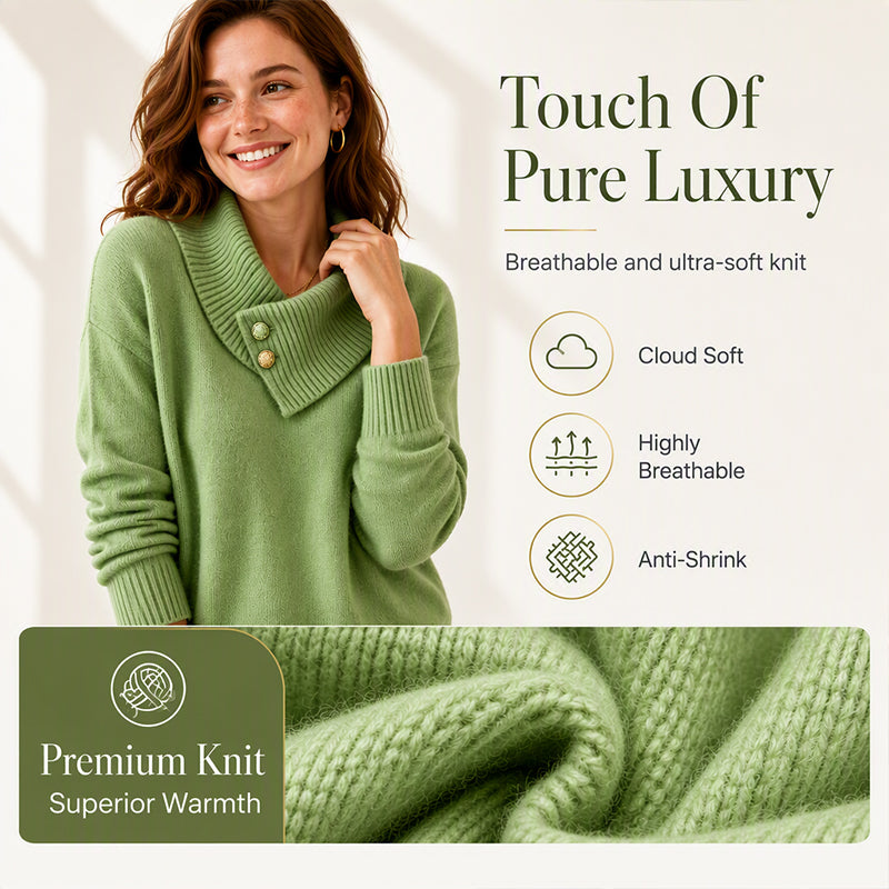 ✨ Women's Knit Sweater with Asymmetric Lapel & Statement Buttons 🍃