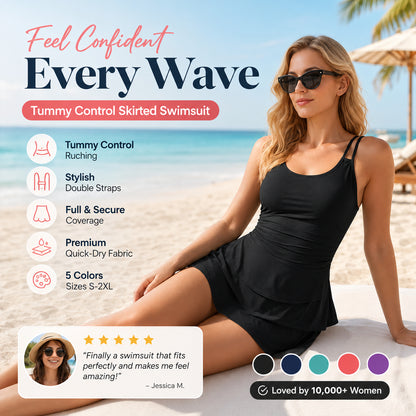 👙 50% OFF! 🌺 Double Strap Ruched Skirted Swimsuit – Tummy Control, Secure Support, Quick-Dry ✨
