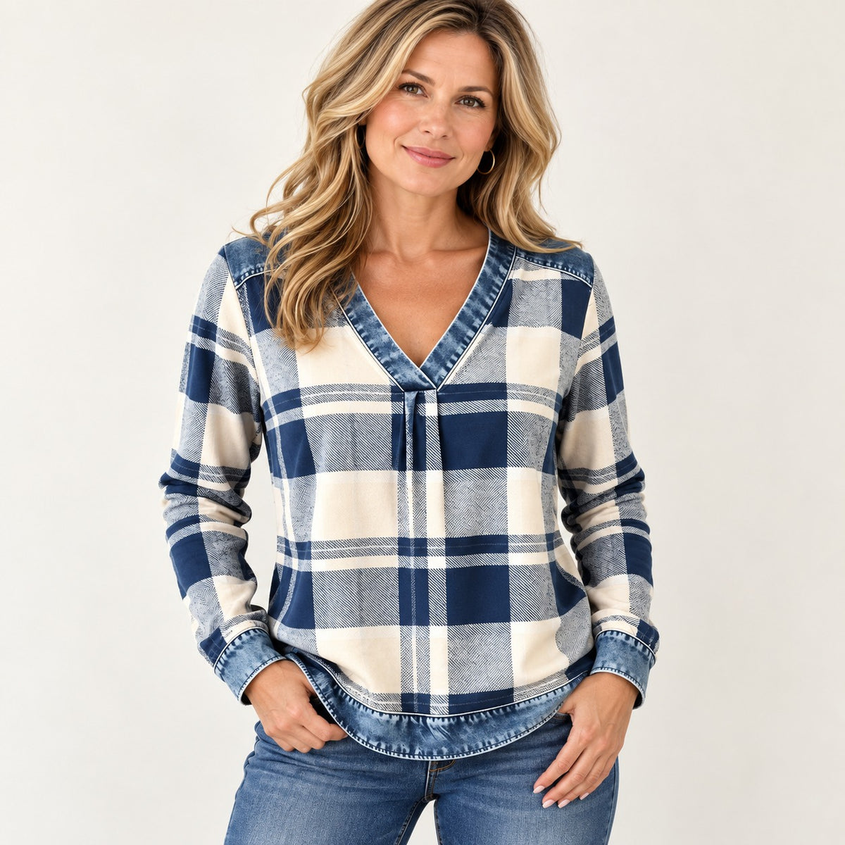 Color Block Plaid Blouse – Denim-Look Patchwork V-Neck, Long Sleeve, Relaxed Fit Women’s Shirt