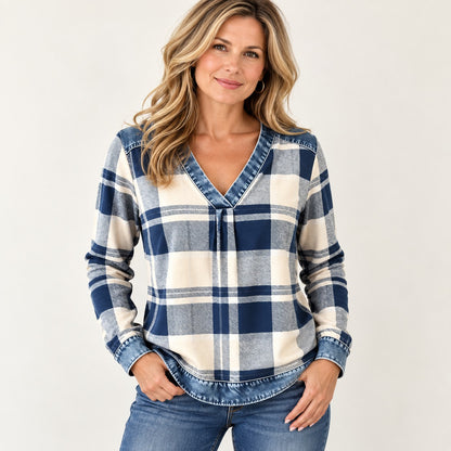 Color Block Plaid Blouse – Denim-Look Patchwork V-Neck, Long Sleeve, Relaxed Fit Women’s Shirt