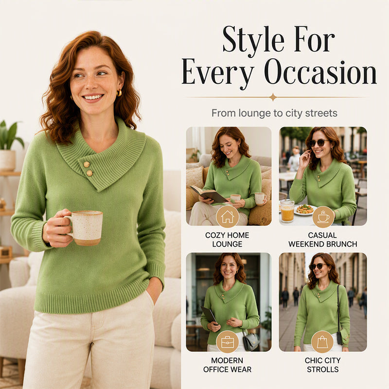 ✨ Women's Knit Sweater with Asymmetric Lapel & Statement Buttons 🍃