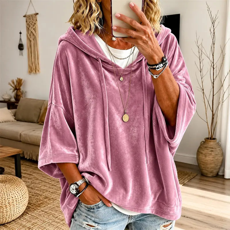 👗 Women's Minimalist Velour Hoodie – Loose Fit, 3/4 Sleeves, Soft Velvet Pullover for Fall & Winter