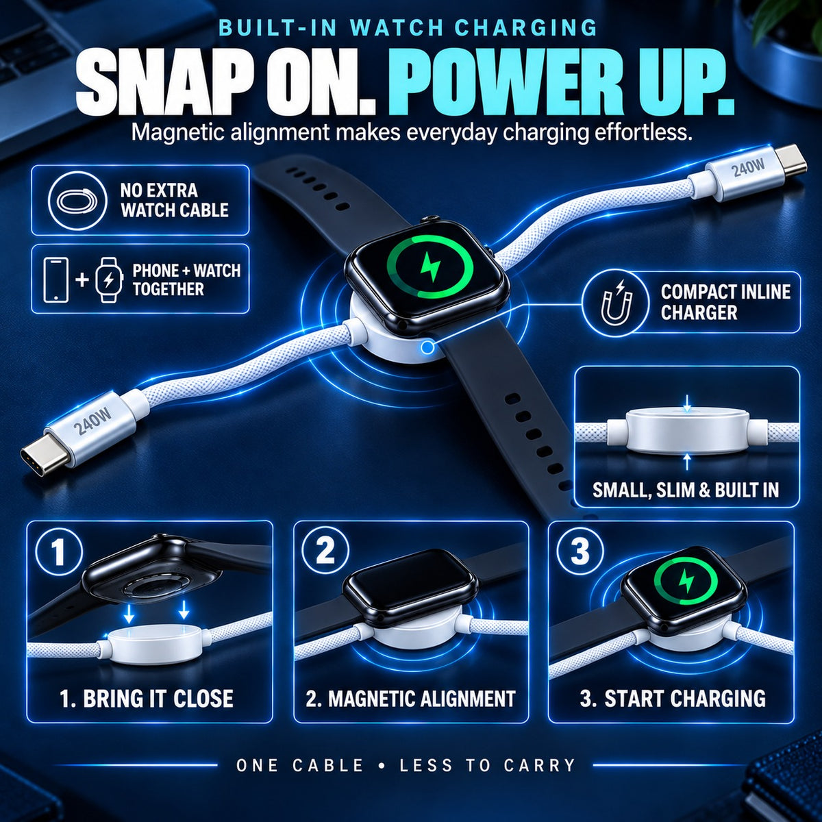 ⚡ 2-in-1 240W USB-C Fast Charging Cable with Magnetic Watch Charger – 1.5M