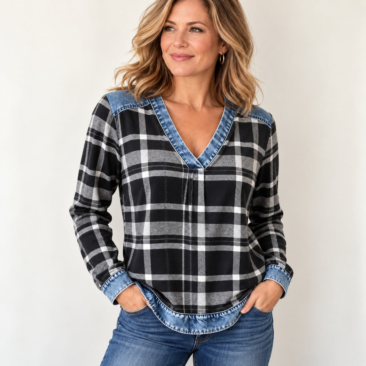 Color Block Plaid Blouse – Denim-Look Patchwork V-Neck, Long Sleeve, Relaxed Fit Women’s Shirt