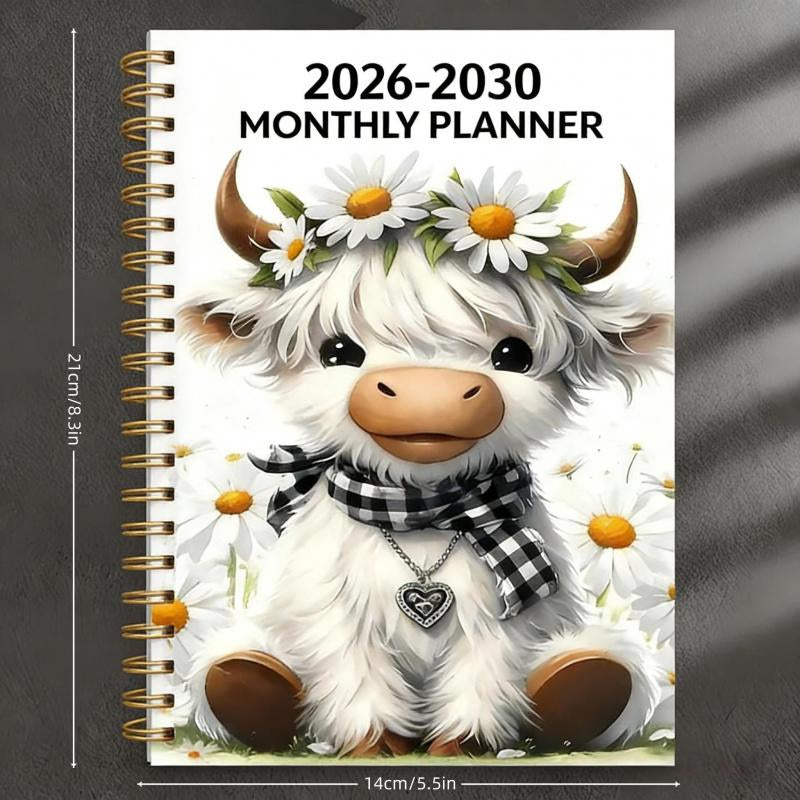 2026-2030 Calendar - From January 2026 to December 2030, 5-year calendar, cartoon Highland cow themed cover design, annual calendar planning, month labels, 60-month calendar