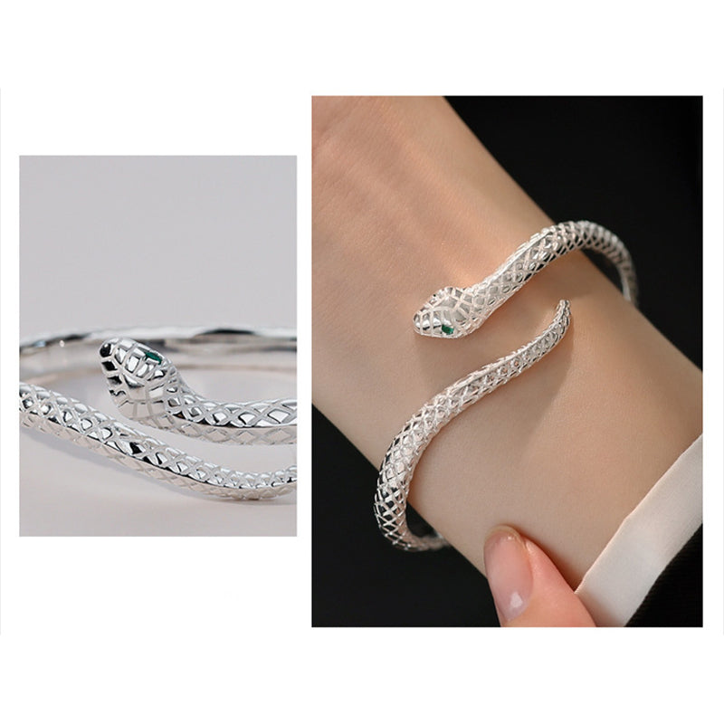 🎉 LIMITED TIME 50% OFF! 🐍 Vintage Snake Bangle Bracelet – Adjustable Open Cuff with Textured Scale Details & Green Eye Accents ✨