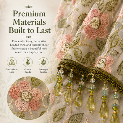 Embroidered Lace Doorway Curtain – Romantic Floral Beaded Sheer Panels